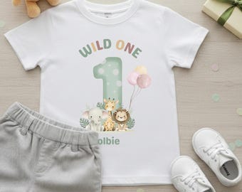 Wild one 1st birthday safari t shirt. Personalised 1st birthday tshirt for children. First birthday top for boy or girl.