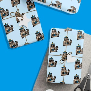 Rocky Raccoon Birthday Wrapping Paper, Cute Raccoon Gift Wrap, Fun Party Supplies, Kids&#39; Birthday Decor, Unique Gift Wrap