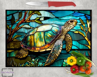 Sea Turtle Glass Cutting Board: Faux Stained Glass Decor