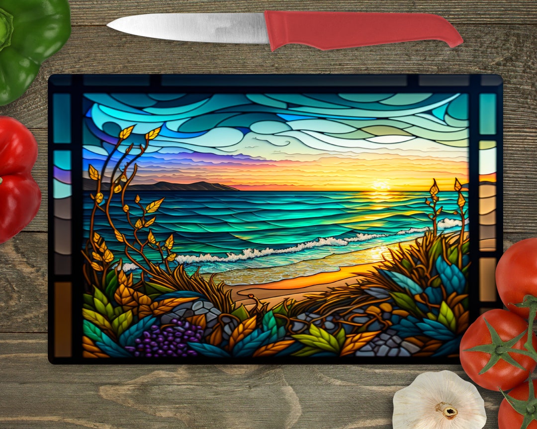 Beach Scene Glass Cutting Board/ Faux Stained Glass Design/charcuterie
