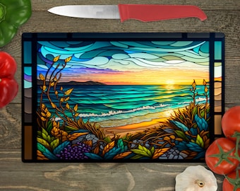 Beach scene Glass cutting board/ faux stained glass design/Charcuterie / Home decor/ House warming/Trivet/Wedding gift/ glass art