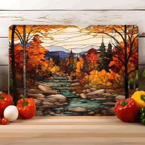 Fall mountain stream tempered glass cutting board/ faux stained glass design/ Home decor/ House warming/Trivet/Wedding gift/ glass art