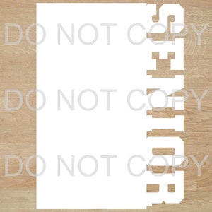 May include: White vinyl decal with the word "Seniors" in large, bold letters. The decal is on a light brown wood background.