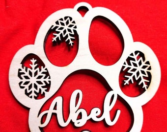 Laser Cut Paw Print Christmas Ornament: Personalized Dog Name