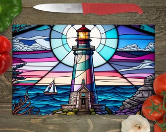 Lighthouse Tempered Glass Cutting Board: Faux Stained Glass Art