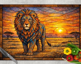 Faux Stained Glass Tribal Lion Cutting Board: Tempered Glass Art