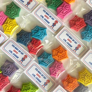May include: Assortment of colorful, spiderweb-shaped items in clear plastic bags. Each bag has a label with the text "YOU MADE MY DAY SUPER! LOVE, GRAHAM" and a Spider-Man graphic. Colors include pink, green, yellow, blue, orange, and purple.