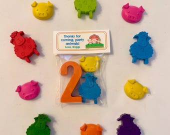 Crayones para fiestas temáticas de granja: crayones personalizados con forma de animales.