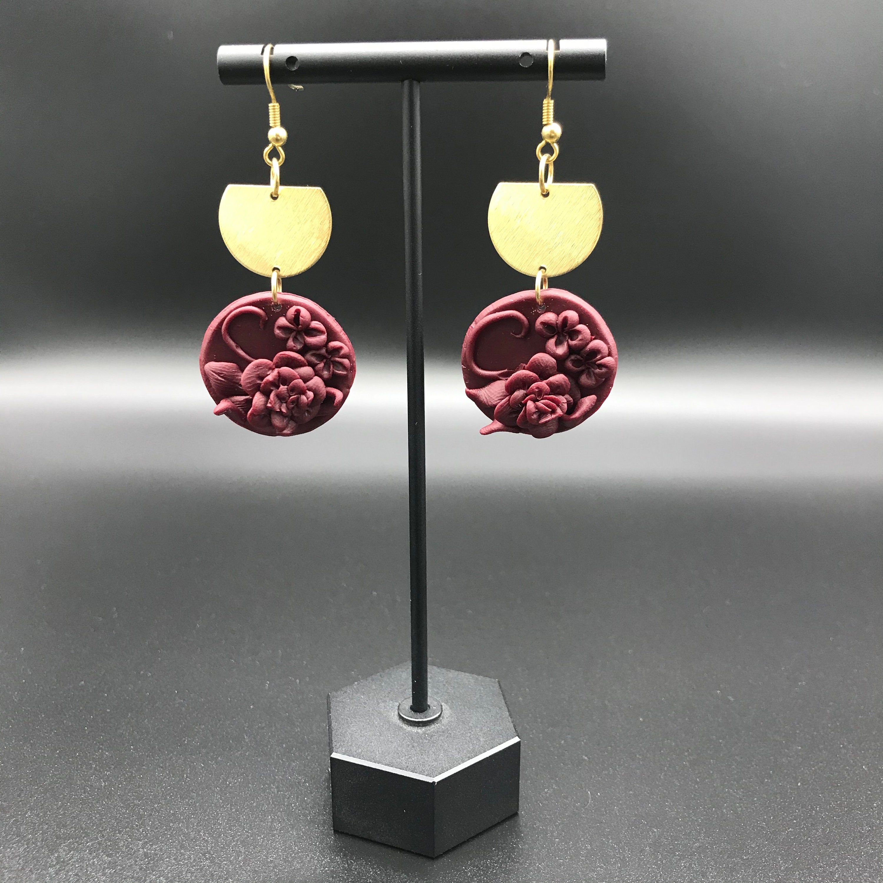 Maroon 3D Floral Earrings Polymer Clay Raw Brass Etsy