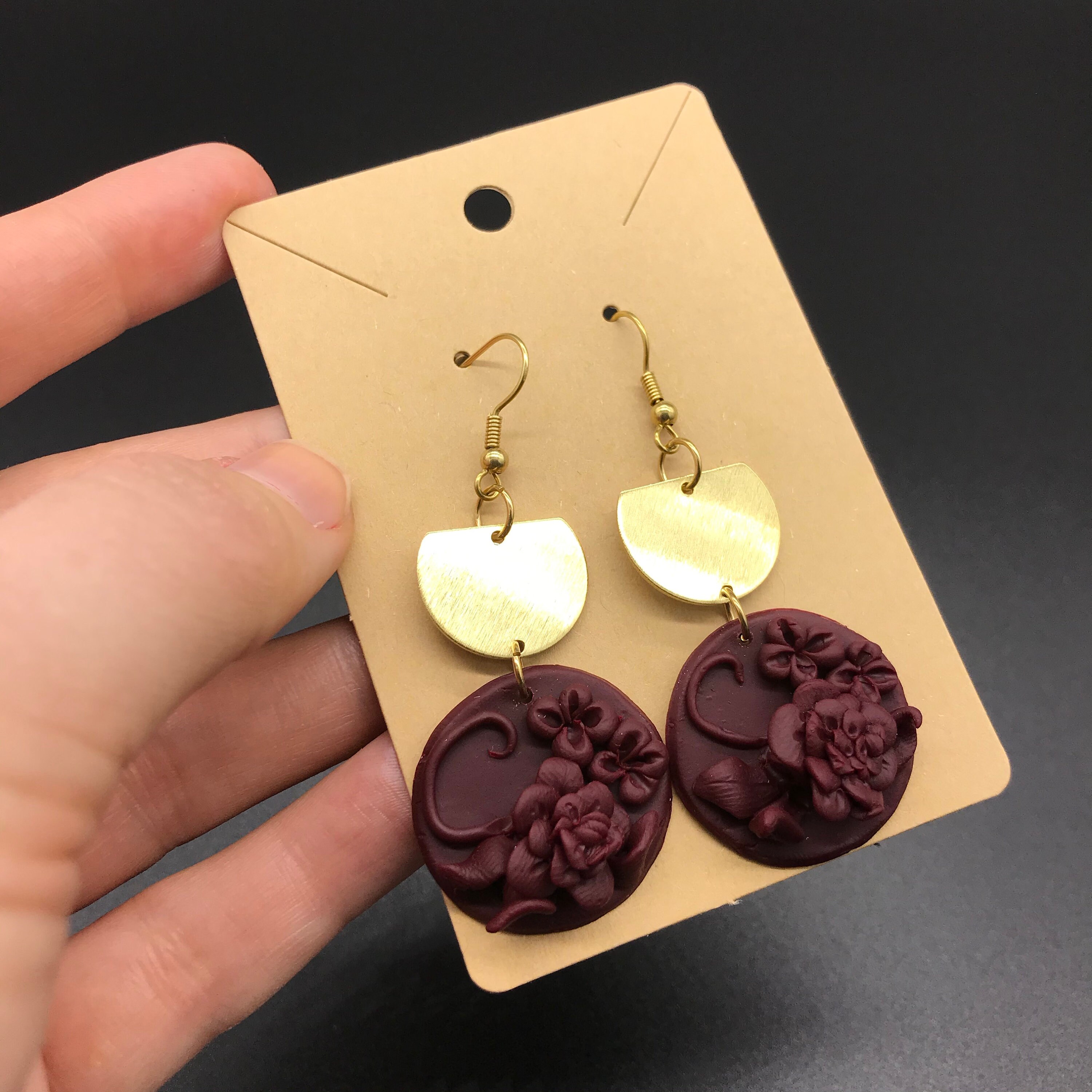 Maroon 3D Floral Earrings Polymer Clay Raw Brass Etsy