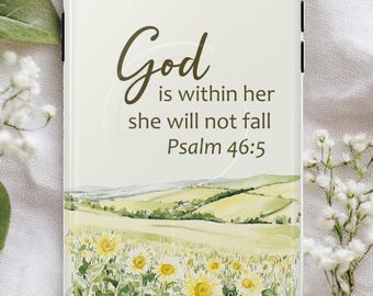 Funda para iPhone con diseño de girasol, versículo cristiano, resistente y compatible con dispositivos MagSafe.