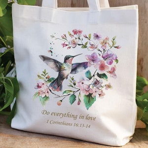Eco-Friendly Christian Tote Bag,  Cotton Shoulder Bag, Hummingbird Carry All Bag, Bible Verse Gift for Women, Floral Reusable Shopping Bag