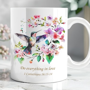 Personalized Hummingbird Mug, Religious Housewarming Kitchen Gift, Custom Christian Love  Coffee Cup, Bible Verse Keepsake Gift for Hostess