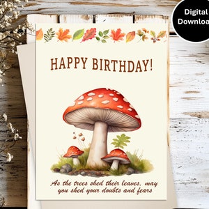 Carte d'anniversaire d'automne avec des champignons cottagecore et des feuilles d'automne souvenir en pensant à vous Carte de voeux imprimable avec enveloppe en téléchargement numérique