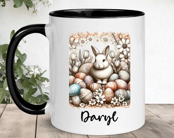 Personalized Easter Rabbit Gift Mug for Kids, Easter Basket Stuffers for Boys and Girls, Cute Easter Bunny and Eggs Coffee Cup