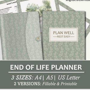 Puede incluir: Un planificador de fin de vida con estampado floral verde y blanco con el texto "Plan Well - Rest Easy" y "120 páginas - Descarga digital". El planificador está disponible en tres tamaños: A4, A5 y US Letter, y en dos versiones: rellenable e imprimible.