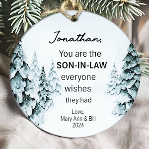 Personalized Son-in-law Gift Ornament, Custom In-law Christmas Present, Holiday Keepsake, Blue Snowy Tree Xmas Decoration, Stocking Stuffers