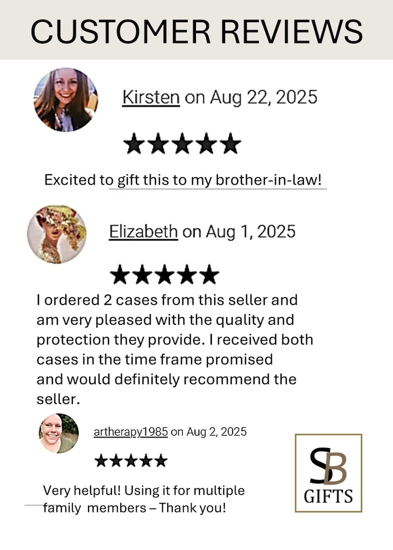 以下が含まれることがあります： 「CUSTOMER REVIEWS」と題されたカスタマーレビューの画像。Kirsten、Elizabeth、artherapy1985による3つの5つ星評価が記載されています。ケースの品質や販売者の対応に関するフィードバックと、SB GIFTSのロゴが含まれています。