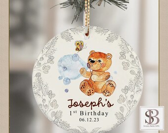 Baby's First Birthday Ornament, Personalized Kids Ornament, Custom Family Tree Keepsake, Birthday Ornament, Cute Teddy Bear,  Toddler Gift