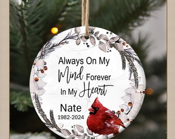 Personalized CERAMIC Memorial Ornament Loss of Loved One Gift Cardinal Decor Round Porcelain Christmas Tree Decoration