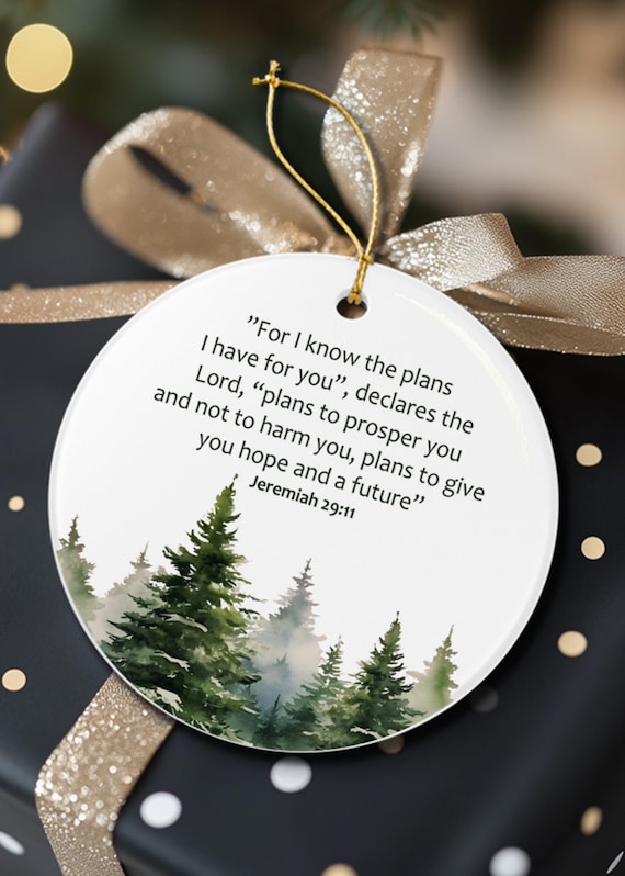 Jeremiah 29:11 Ceramic Christian Ornament | Watercolor Pine Trees Christmas Tree Decor