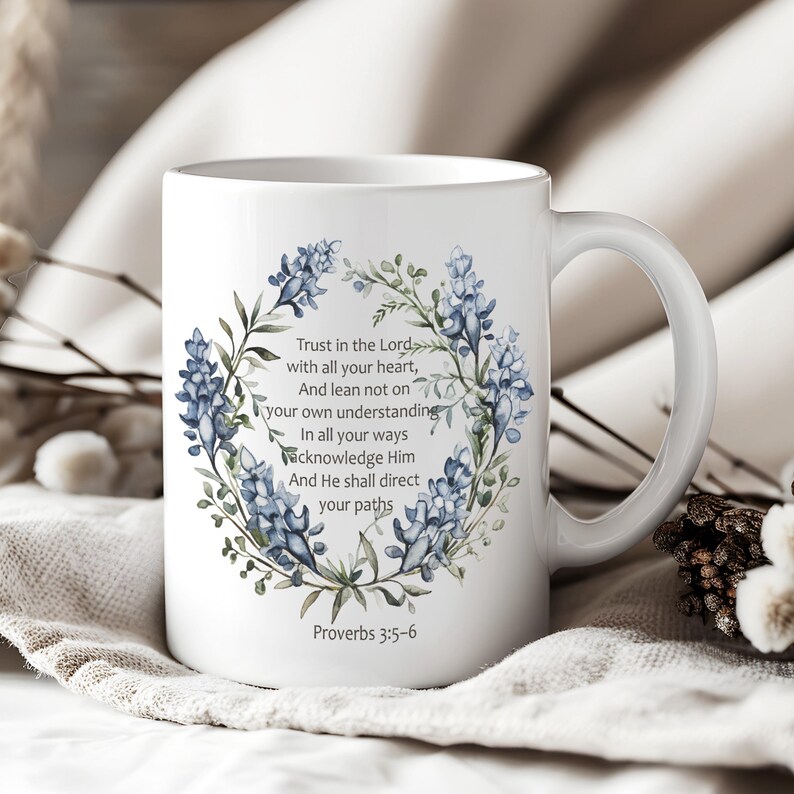 Personalized Bible Verse Coffee Mug, Blue Watercolor Floral, Christian ...