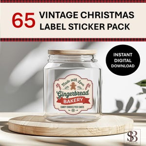 Vintage kerststickerpakket, vakantiestickerbundel, 65 afdrukbare etiketten voor voedselpotten, tassen, cadeaus, flessen, handgemaakte items, digitale download