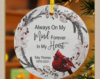 Personalized GLASS Memorial Cardinal Ornament, Bereavement Funeral Grief Custom Gift, Round Christmas Tree Hanging Decor