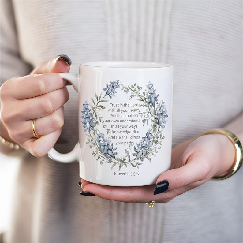 Personalized Bible Verse Coffee Mug, Blue Watercolor Floral, Christian ...