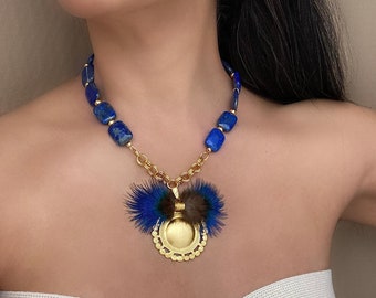 Statement necklace haute couture luxury summer blue feathers elegant classy modern unique socialite high end unusual sophisticated