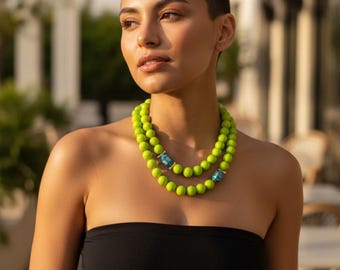 lime fluorescent statement necklace elegant modern classy green brass inlay socialite vibrant fashion blue summer social club party trendy