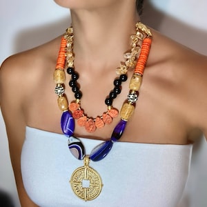 Statement necklace haute couture dramatic luxury coral agate bold elegant classy modern unique medallion socialite sophisticated summer