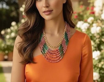 Statement necklace dramatic bold elegant classy modern unique dusty rose green sophisticated summer rhodonite gemstones chain  multi-strand