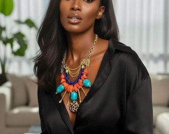 Bold Boho Statement Necklace         -Magnesite & Leopard print elegance