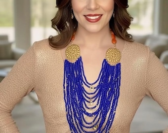 Statement necklace blue gold orange elegant pre-colombian  modern traditional Czech beads  sophisticated summer social trendy fashion agate