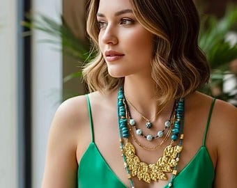 Statement blue necklace multi-strand trendy neck mess real turquoise