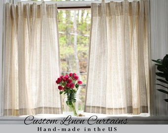 European Linen Striped Curtains / Natural Linen Cafe Curtains / Short Linen Curtains / CUSTOM Curtains / One Linen Curtain Panel / USA