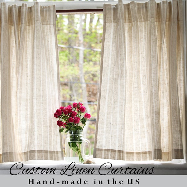 European Linen Striped Curtains / Natural Linen Cafe Curtains / Short Linen Curtains / CUSTOM Curtains / One Linen Curtain Panel / USA
