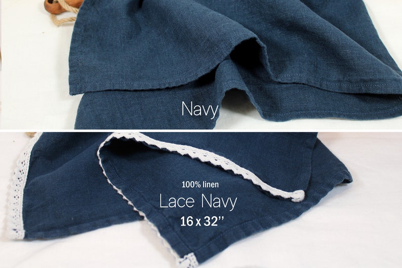 May include: A navy blue linen tea towel with white lace trim. The towel is 16 inches by 32 inches. 100% linen. Lace Navy.