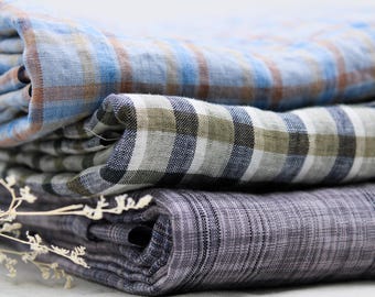 Lightweight and Medium-weight Checked Linen Fabric by the Yard, Linen Cotton Blend Fabric for Clothing, Shirts, Curtains, Home Decor