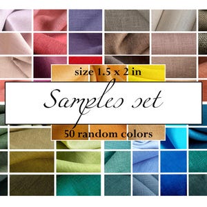 May include: A fabric samples set with 50 random colors. The image displays a grid of small fabric swatches in various colors, including pink, red, green, blue, and brown. The text on the image reads "Samples set" and "size 1.5 x 2 in."
