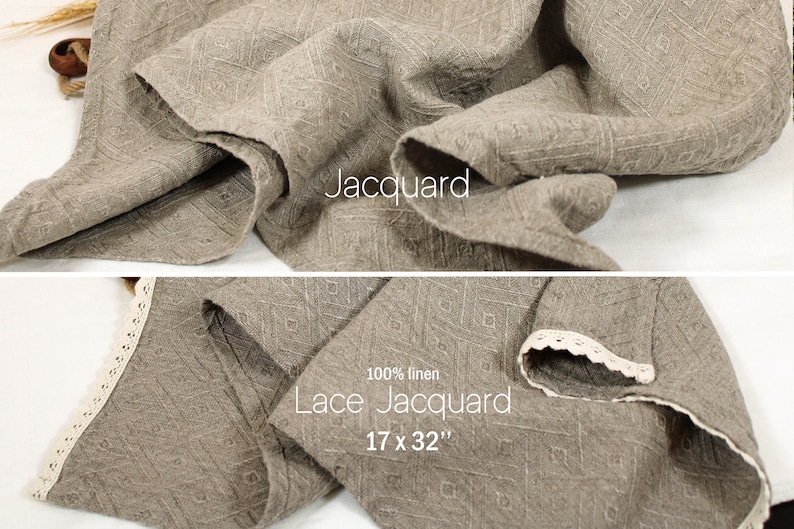May include: A close-up of a brown linen fabric with a lace trim. The fabric has a subtle geometric pattern and the text "100% linen Lace Jacquard 17 x 32" is printed on the fabric.