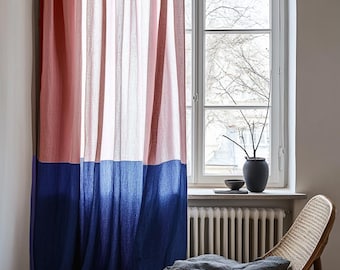 Linen Color Block Curtains – Two Tone Linen Curtains for Living room , Custom Linen Curtains , Rod pocket , ZELE NAVA - 1 panel