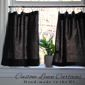 Black Linen Cafe Curtains / Washed Linen Kitchen Curtains  /Bathroom Window Curtain / Clip ring Curtain / CUSTOM Curtains / 1 Curtain Panel
