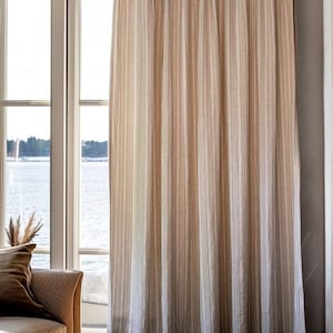 Striped Linen Curtains – Extra Wide Long Drapes in Natural Linen | Custom Length Panel with Rod Pocket | Neutral Farmhouse Window Treatment