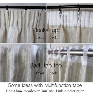 May include: A set of four images showcasing different curtain hanging methods. The top two images show curtains with hooks, front and back views. The bottom two images show curtains with back tap tops, front and back views. Text on the image reads: "Hooks top", "Back tap top".