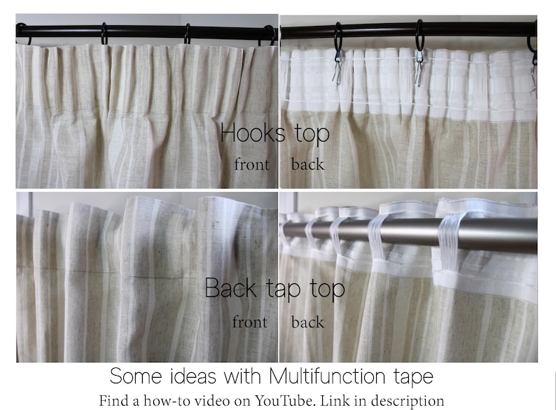 May include: A set of four images showcasing different curtain hanging methods. The top two images show curtains with hooks, front and back views. The bottom two images show curtains with back tap tops, front and back views. Text on the image reads: "Hooks top", "Back tap top".