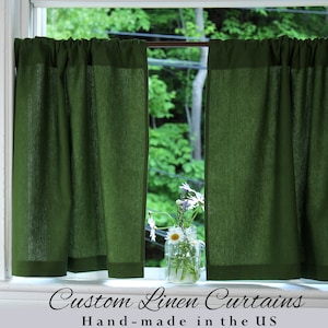 Green Linen Cafe Curtains - Soft, Preshrunk  / Short Linen Curtains Farmhouse / Kitchen Bathroom Drapes / Custom Curtains / 1 Curtain Panel