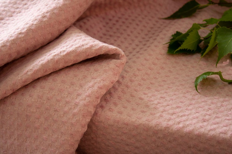 Wide European 100% Natural Softened Waffle Fabric by the yard Pink color Medium weight toweling fabric for sewing kitchen, bathroom textile image 2