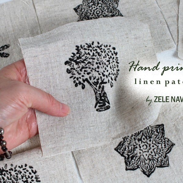 Hand Printed Linen Patches Set Trees and Flowers / Stamped Linen / Linen Fabric Patches / Stamped linen embroidery / FREE US SHIPPING